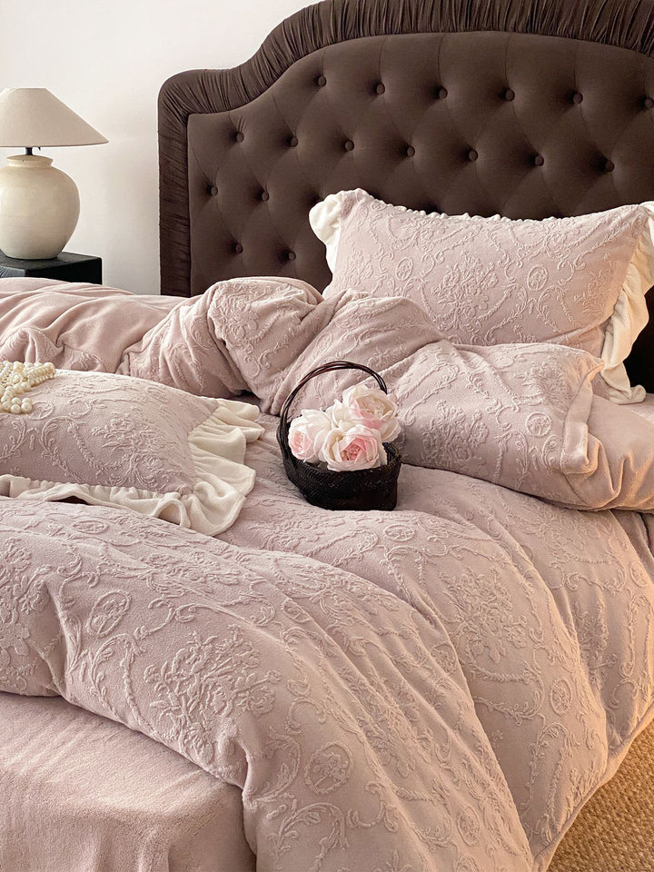 Embossed Floral Jacquard Duvet Cover Set with Ruffled Pillow Shams