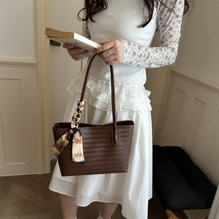 Woven Leather Tote Bag with Decorative Scarf