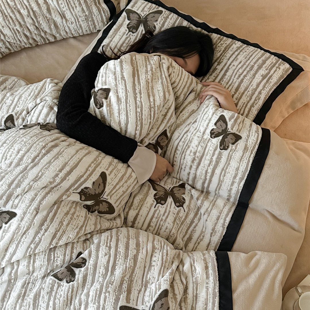 Quilted Velvet Duvet Cover Set with Embroidered Butterfly and Piped Edges
