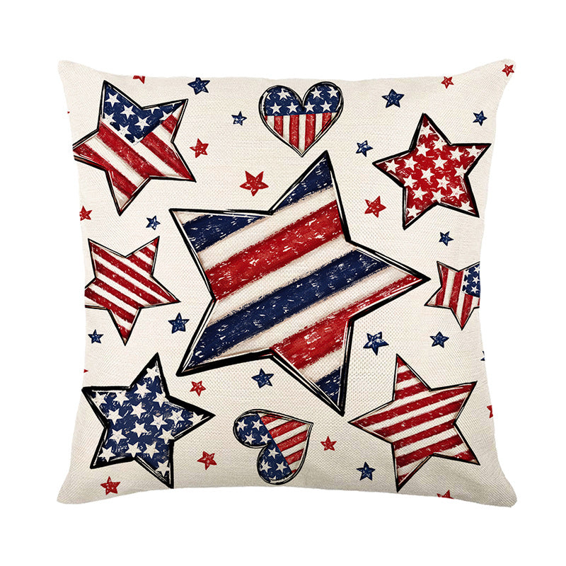 Decorative Cotton-Linen Patriotic Star Ornament Square Throw Pillow Cover
