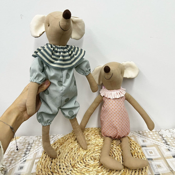 Vintage-Inspired Sewn Linen Elephant Plush Doll with Polka-Dot Dress