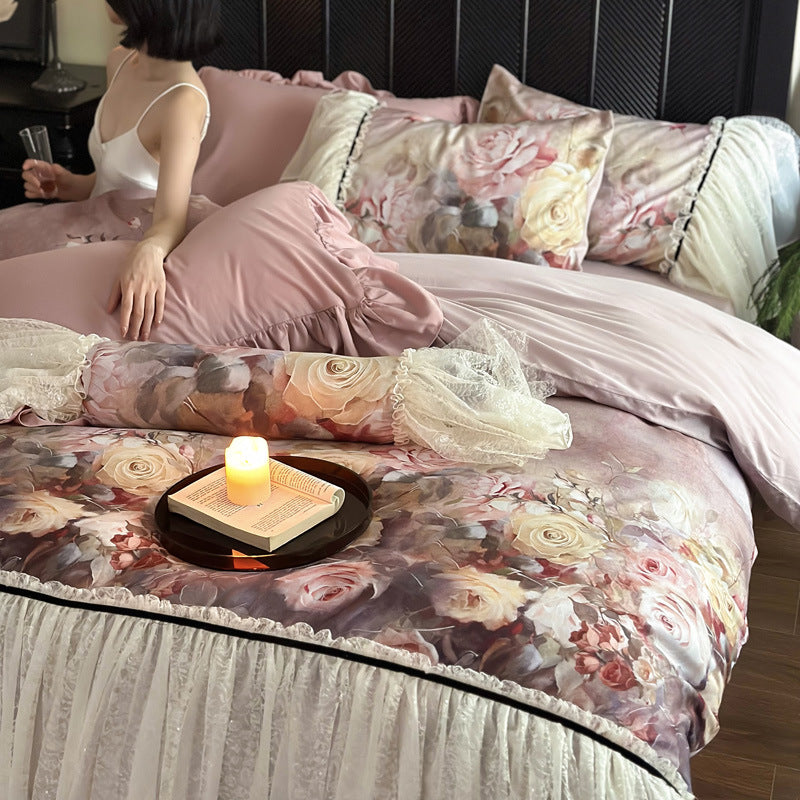 Romantic floral cotton satin bedding set with lace ruffle and decorative bed cover