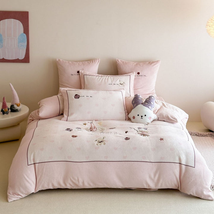 Cute Cartoon Embroidered Cotton Duvet Cover & Quilted Comforter Ensemble