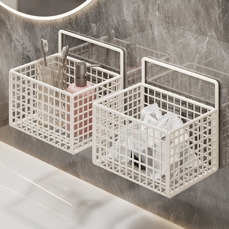 Wall-Mounted Metal Grid Bathroom Caddy with Triple Compartments Hooks and Drainable Base