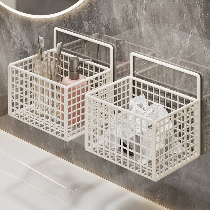 Wall-Mounted Metal Grid Bathroom Caddy with Triple Compartments Hooks and Drainable Base