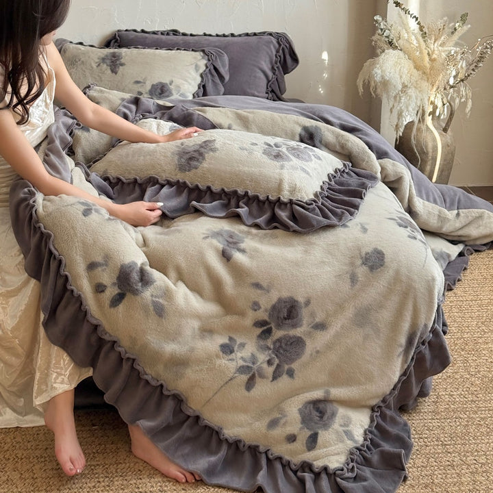 Plush Floral Ruffled Duvet Cover & Pillow Sham Set