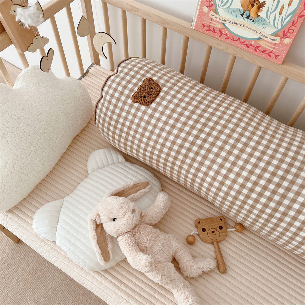 Gingham Bolster Nursery Pillow with Embroidered Daisy Appliqué Cotton Cover