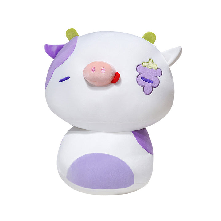 Plush Stacked Cow Cuddle Pillow with Embroidered Grape Motif & Weighted Bean-Core Stornfield