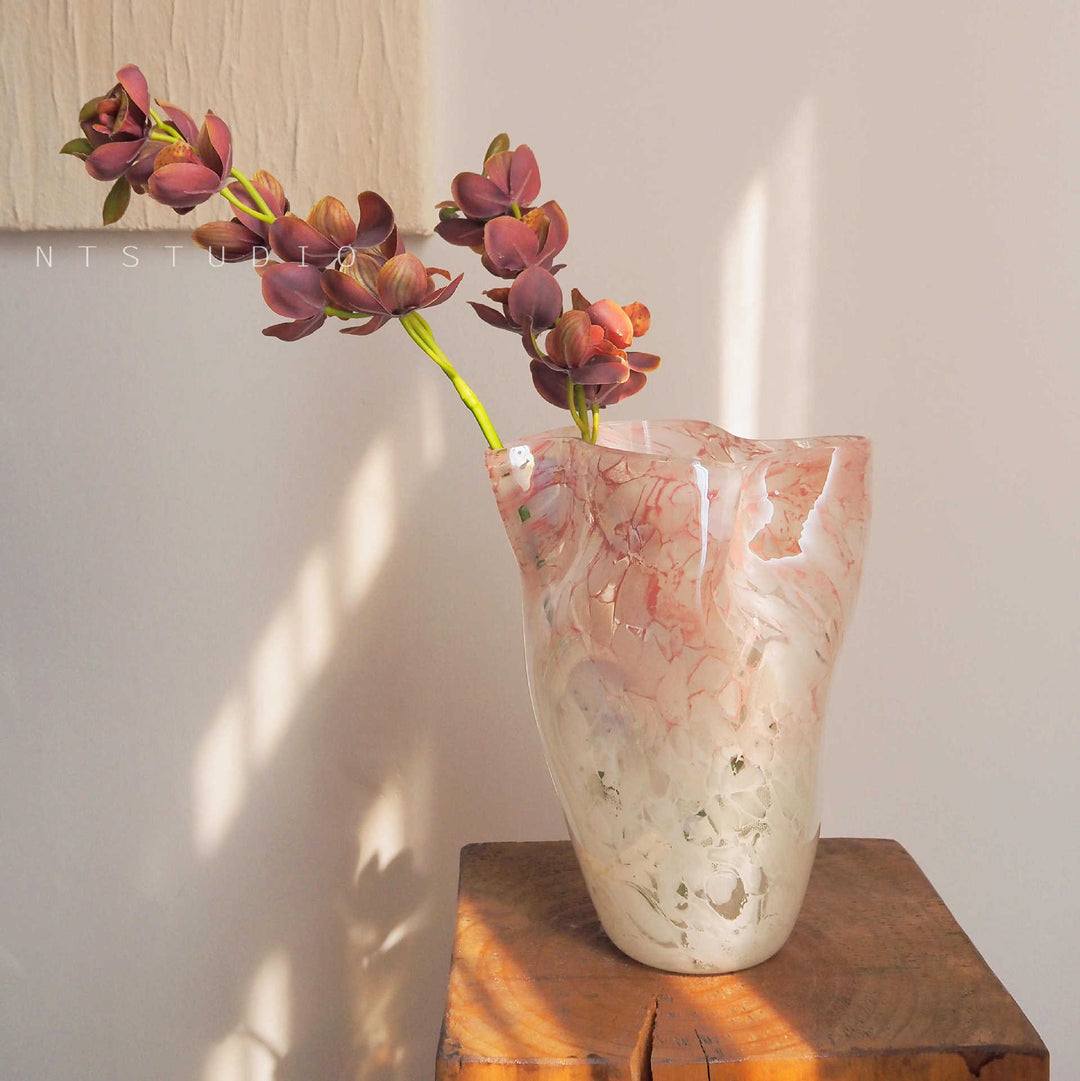 Handblown Marble-Effect Tall Sculptural Glass Vase with Organic Ruffled Rim Stornfield