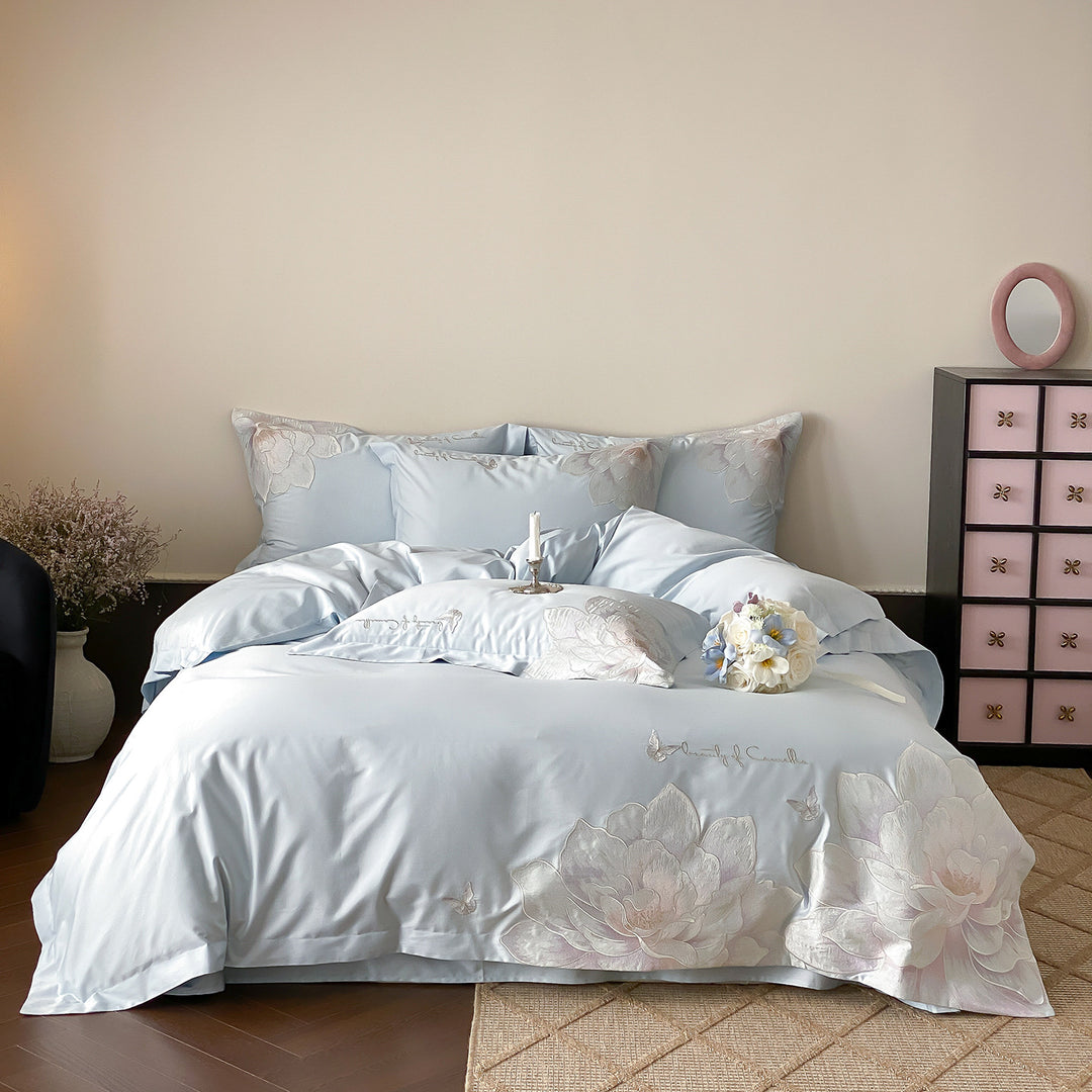 Satin-Feel Embroidered Floral Duvet Cover Set with Pillow Shams