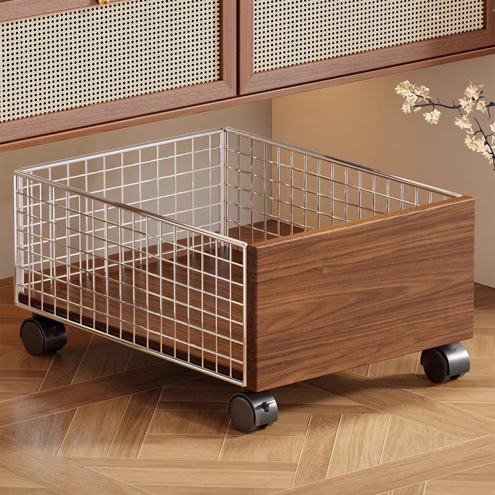 Low-Profile Rolling Underbed Storage Drawer with Metal Grid and Wood Panel