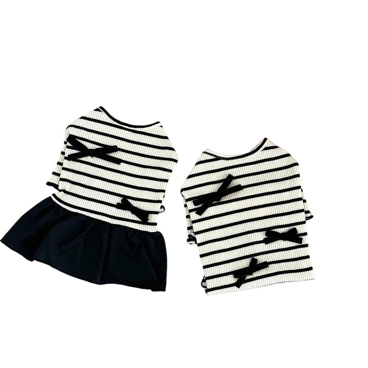 Ribbed Striped Knit Pet Dress with Ruffle Skirt &  Accent