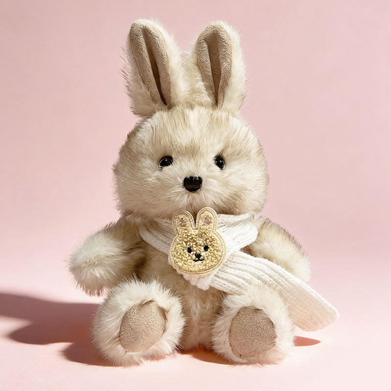 Plush Sitting Bunny Comforter Toy with Ultra-Soft Faux Fur, Embroidered Face and Knit Scarf Stornfield