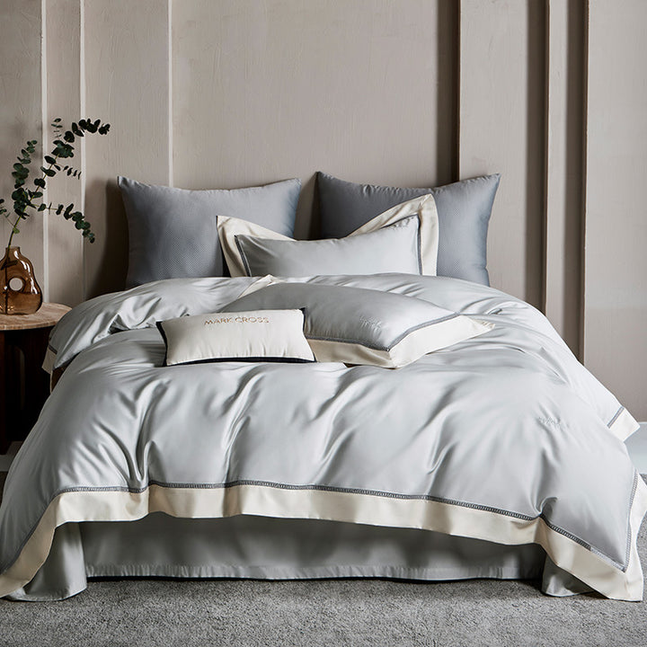 Elegant Satin Duvet Cover Set with contrasting hem trim and fine piping