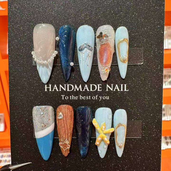 Handmade Decorative Press-On Nail Set with Ocean-Inspired Designs