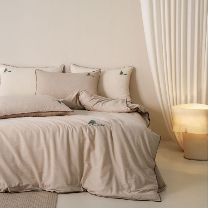 Stonewashed Cotton Duvet Cover Set with Blanket-Stitch Edge and Mini Tree Embroidery