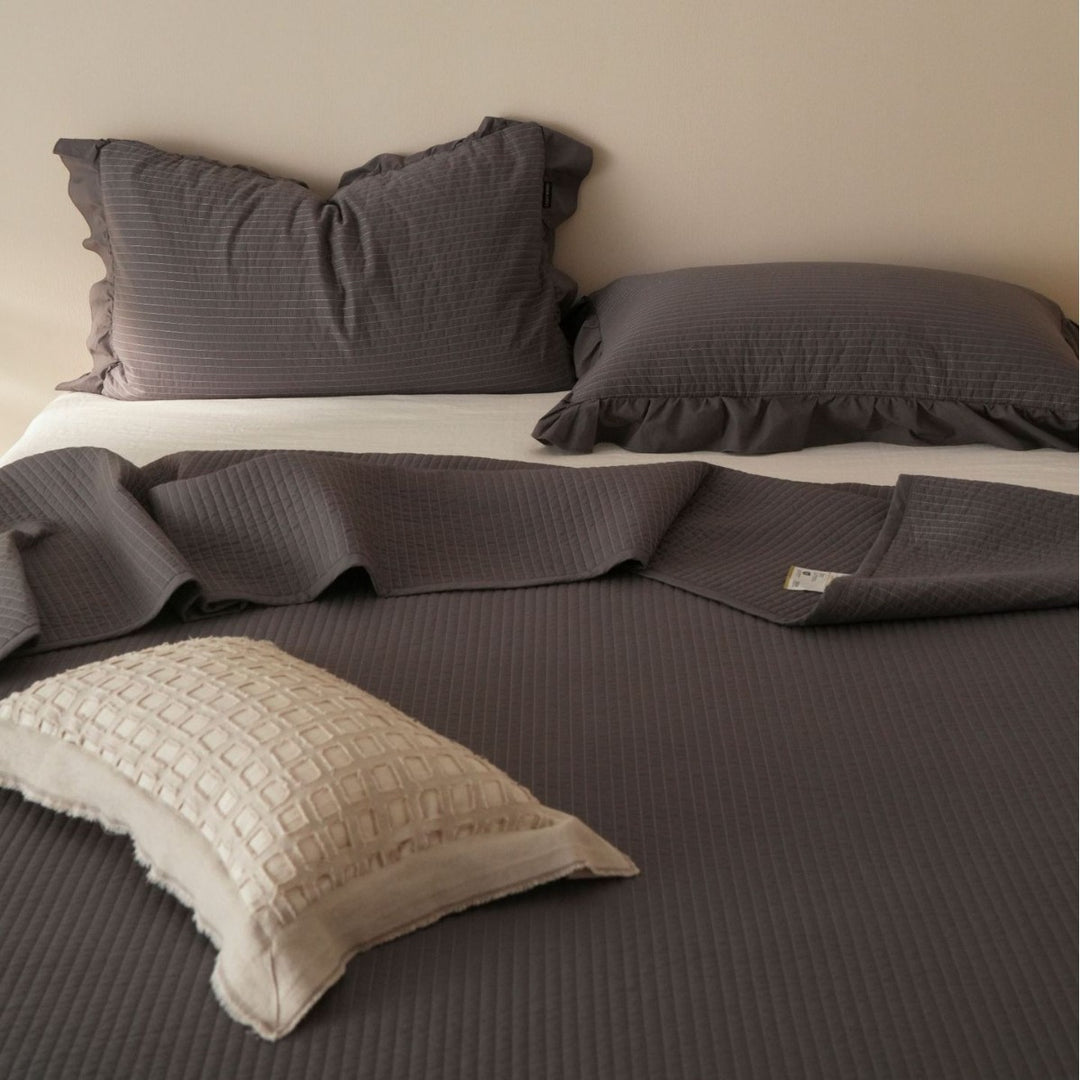 Reversible Washed Cotton Duvet Cover Set with Ruffled Edge and Plush Down-Alternative Comforter