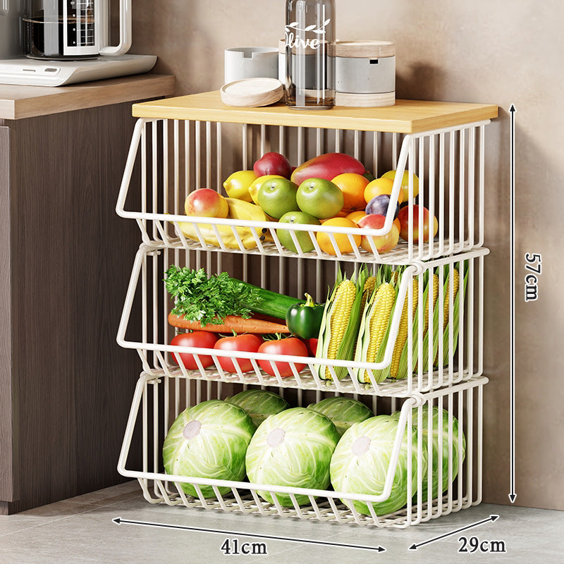 Vertical Five-Tier Rolling Kitchen Produce Storage Cart with Wooden Top and Pull-Out Wire Baskets