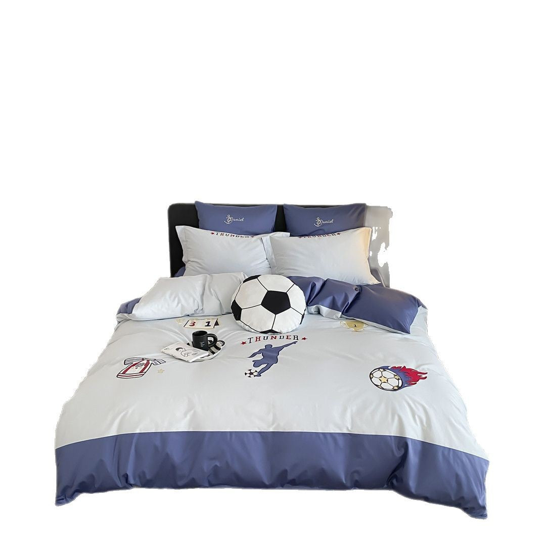 Soccer-Themed Cotton Sateen Duvet Cover Set with Embroidered Player Motif and Pillow Shams
