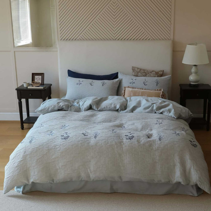Embroidered Botanical Linen-Texture Duvet Cover Set with Quilted Stitching and Oxford Shams