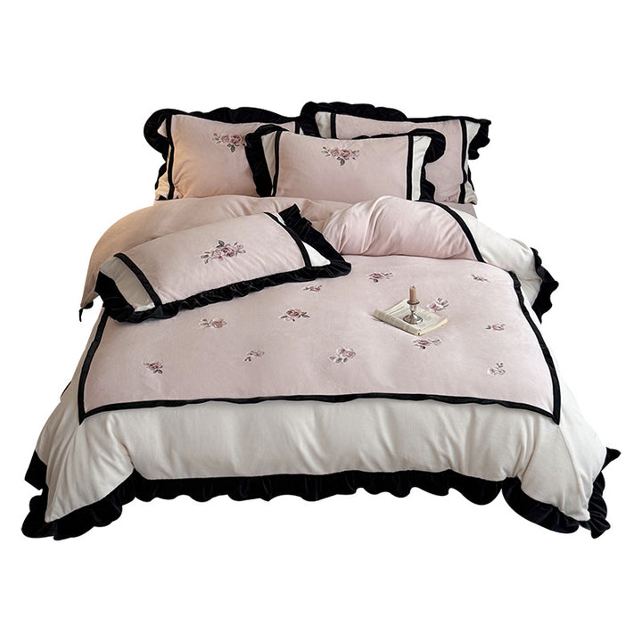 Floral Embroidered Ruffled Duvet Cover Ensemble with Velvet-Framed Panels and Pillow Shams
