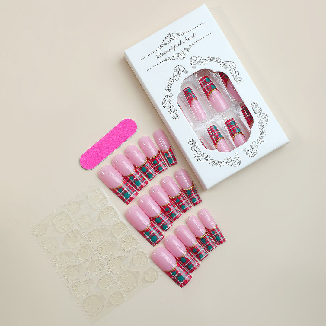 Artistic Press-On Nail Set with Plaid and Gold Accents Stornfield