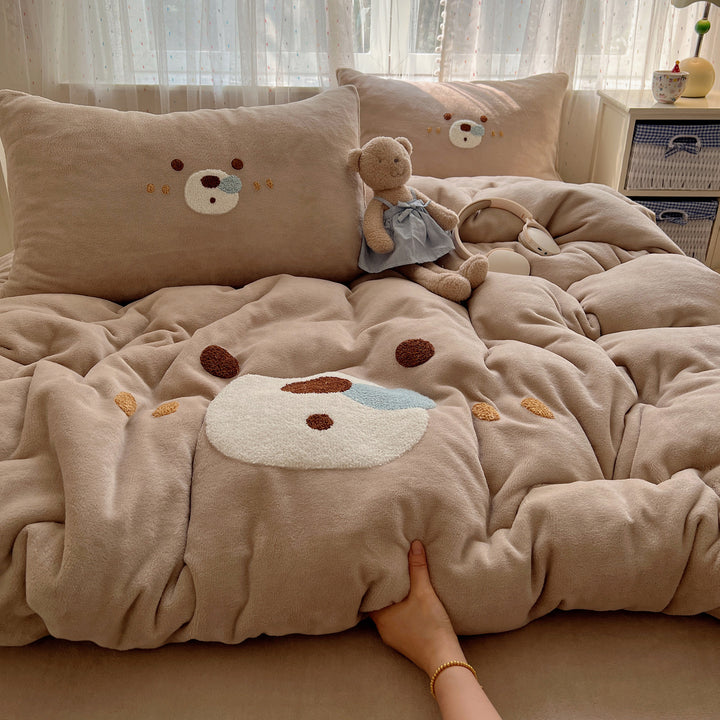 Plush Embroidered Kawaii Cat Comforter Set