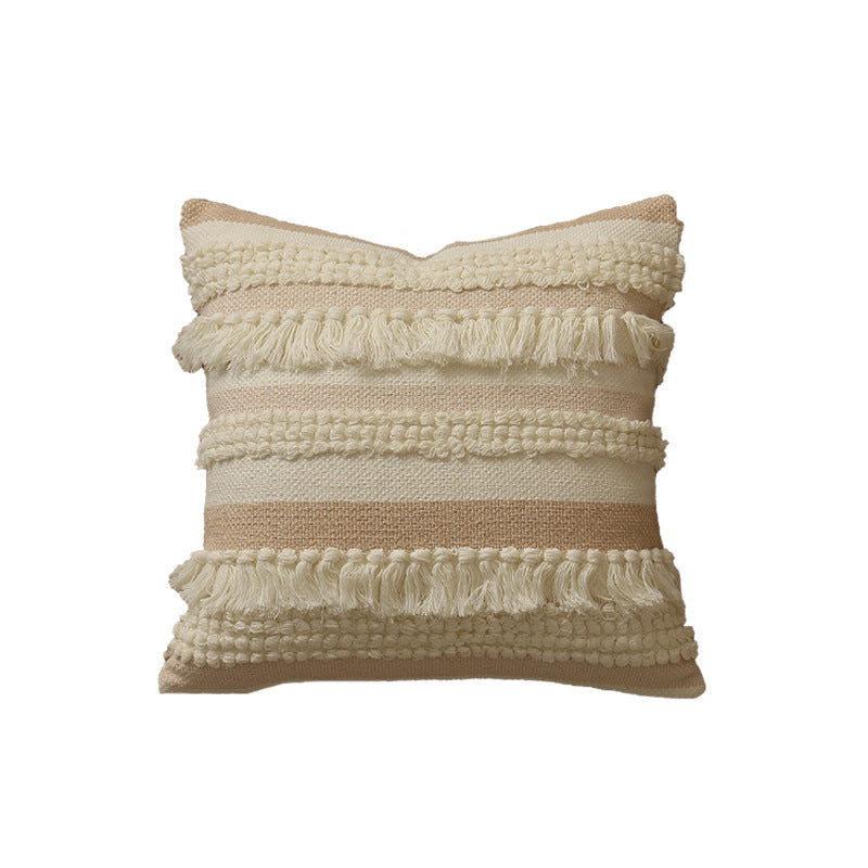 Handwoven Boho decorative pillow with tiered fringe stripes and boucle appliqués