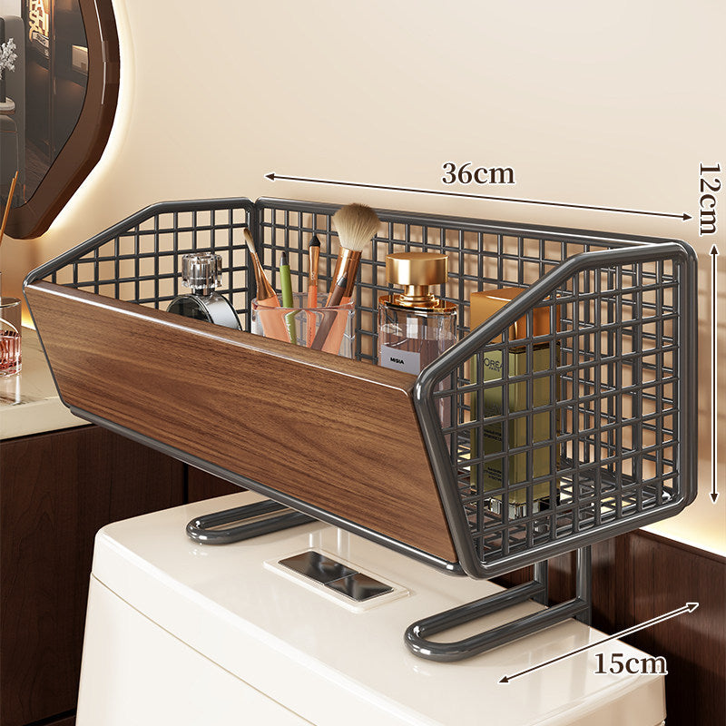 Over-Toilet Storage Basket with Wood-Front Grid and Raised Tank Stand