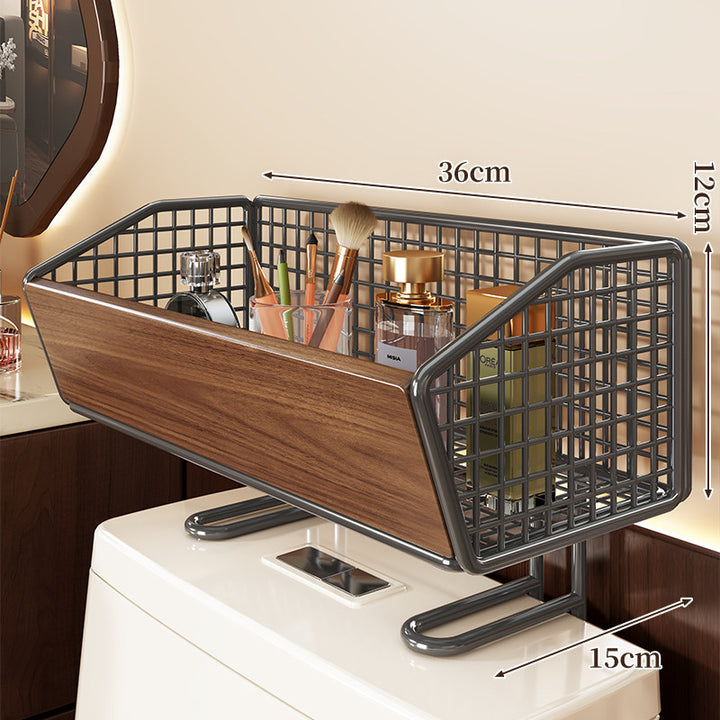 Over-Toilet Storage Basket with Wood-Front Grid and Raised Tank Stand