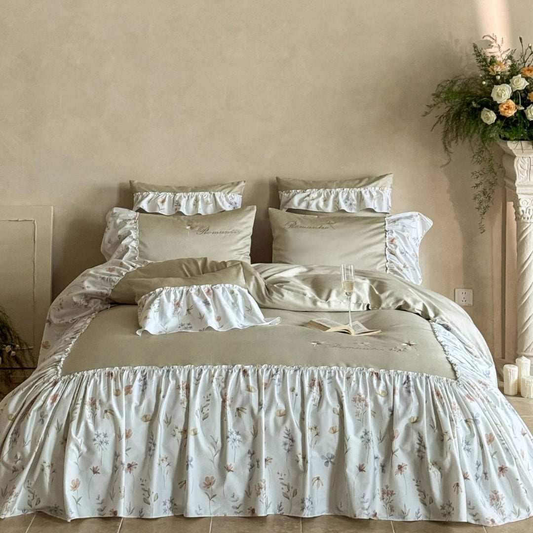 Ruffled Floral Cotton Sateen Duvet Cover Set with Pillow Shams and Bed Skirt