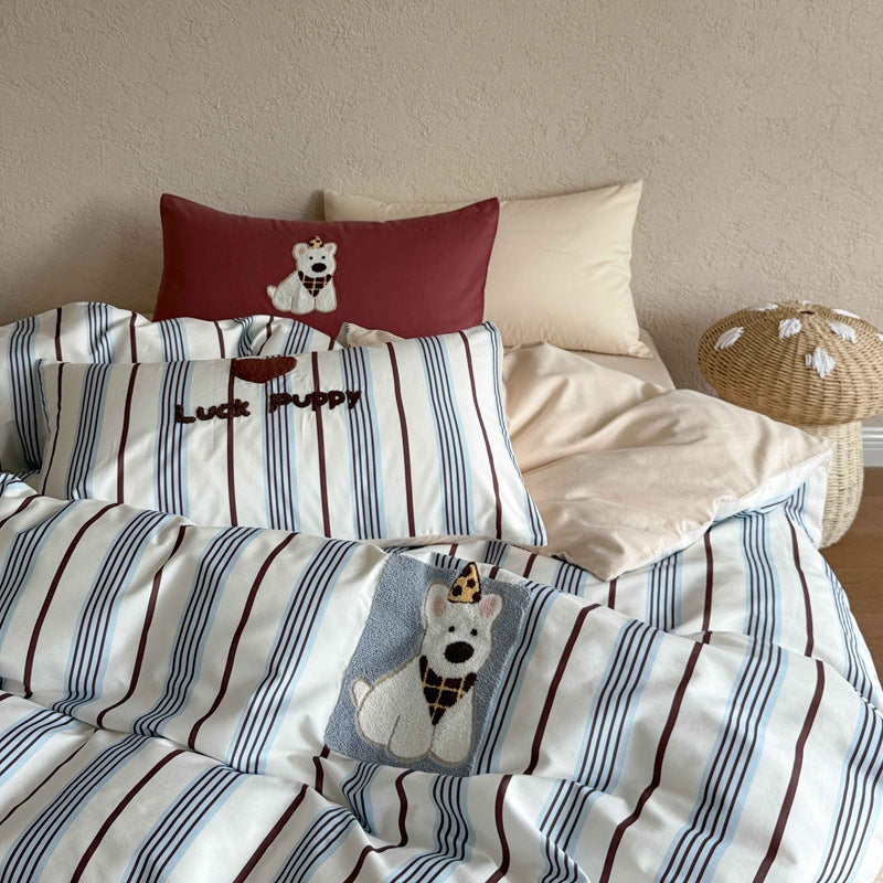 Striped Duvet Cover Set with Embroidered Puppy Appliqué and Matching Pillowcases