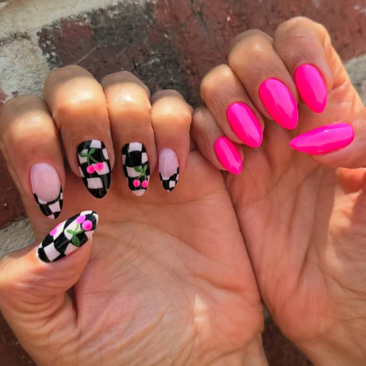 Creative artificial nails with playful cherry and checkerboard design Stornfield