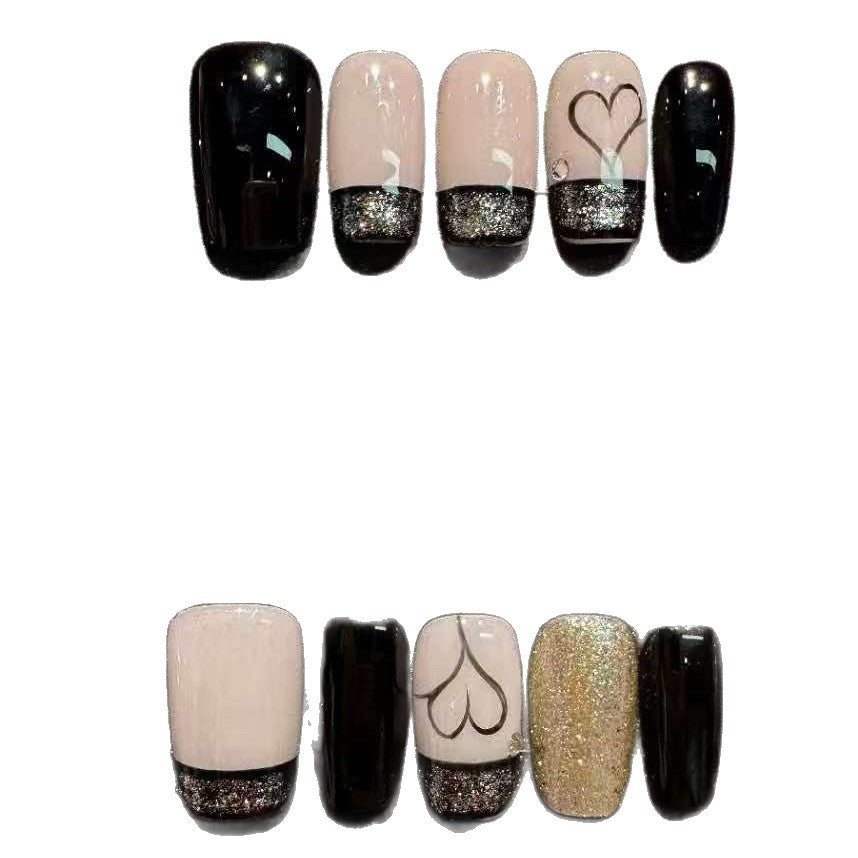 Handmade Nail Art Set with Elegant Heart and Glitter Accents