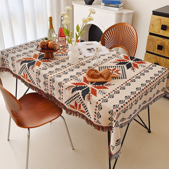 Round Textured Waffle-Weave Fringe Tablecloth with Tassel Edge