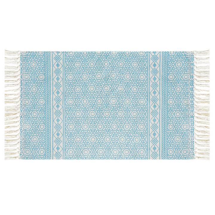 Flat-woven cotton runner with Mediterranean tile jacquard and decorative fringes Stornfield