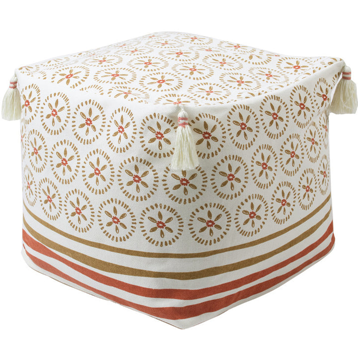 Square pouf seat cube made of cotton blend fabric with boho embroidery and tassels
