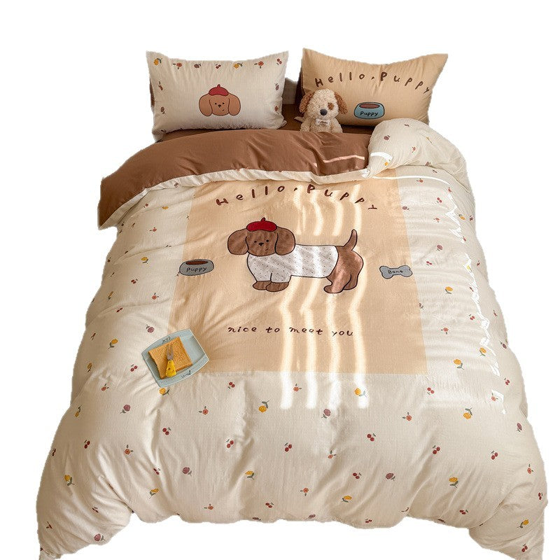 Cute Cartoon Puppy Cotton Duvet Cover Set with Pillow Shams and Reversible Floral Border