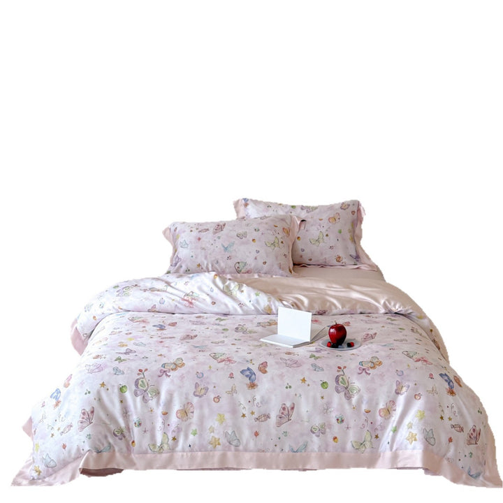 Silky Satin-Feel Reversible Butterfly Print Duvet Cover Set with Satin-Trim