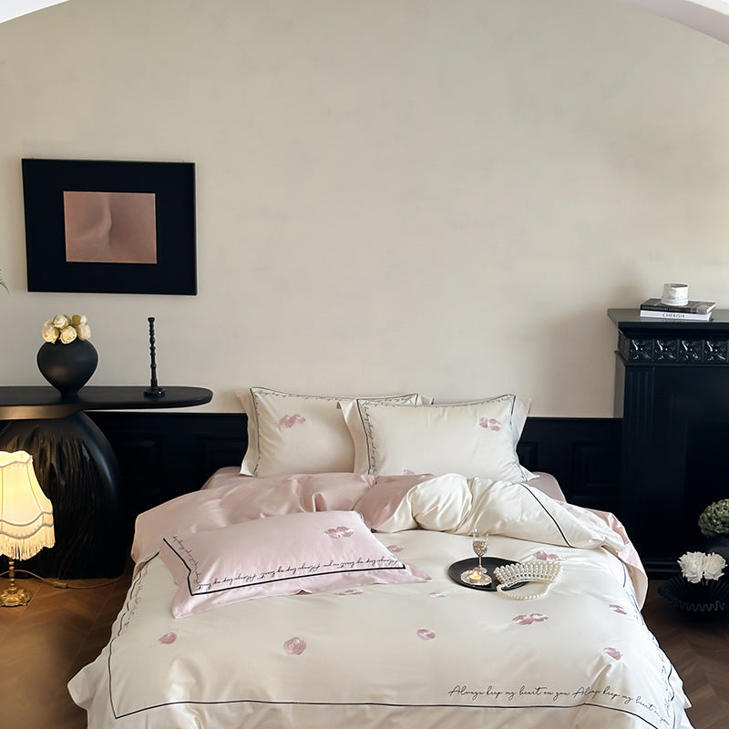 Reversible Silk-Feel Petal-Print Duvet Cover Set with Script-Edge Pillow Shams