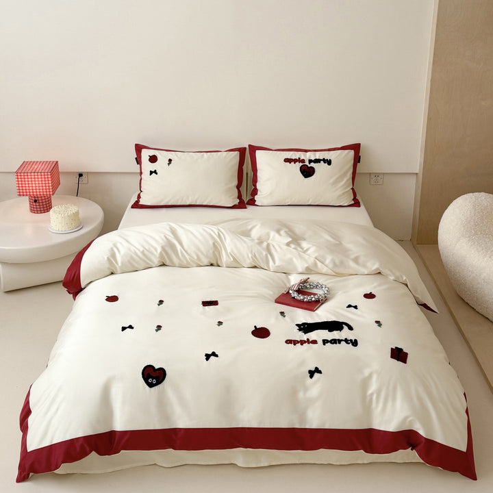 Embroidered Cotton-Blend Duvet Cover Set with Contrasting Border and Pillow Shams