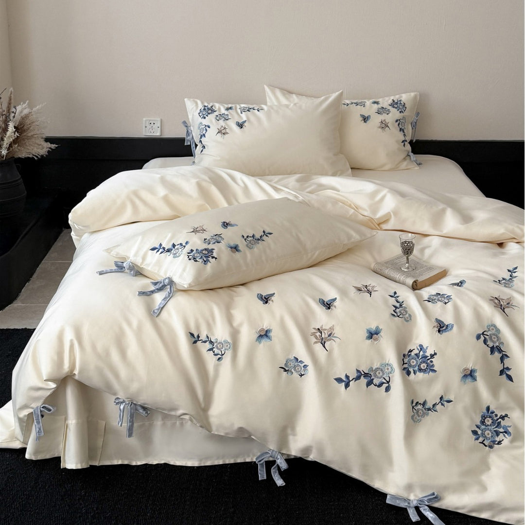 Embroidered Floral Cotton Sateen Duvet Cover Set with Tie Closures