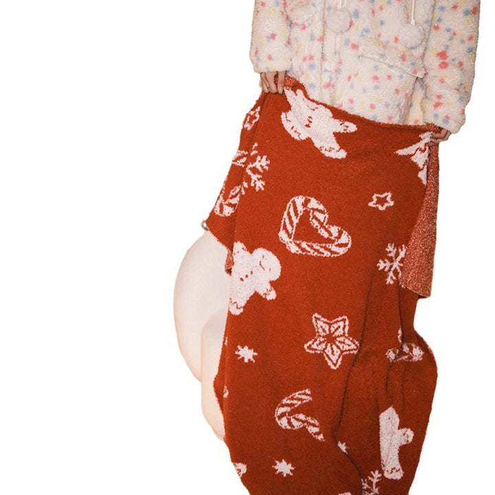 Oversized Plush Holiday Sherpa Throw Blanket with Festive Gingerbread and Snowflake Jacquard