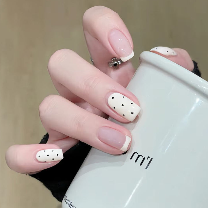 Artistic French Tip Press-On Nails with Polka Dot Design Stornfield