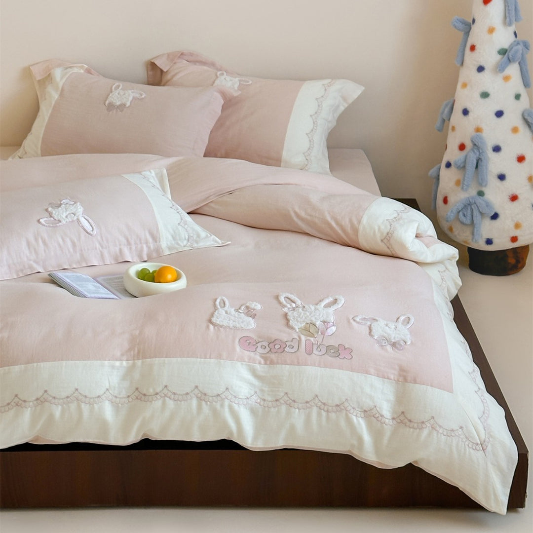 Reversible Cotton-Linen Appliqué Bunny Duvet Cover Set with Embroidered Scalloped Border