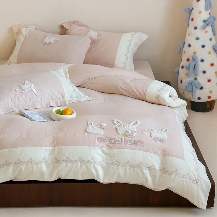 Reversible Cotton-Linen Appliqué Bunny Duvet Cover Set with Embroidered Scalloped Border