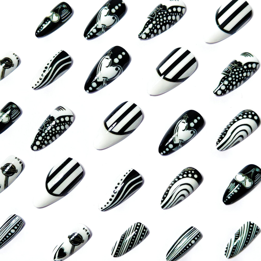 Creative Art Nails in Elegant Black-and-White Design Stornfield