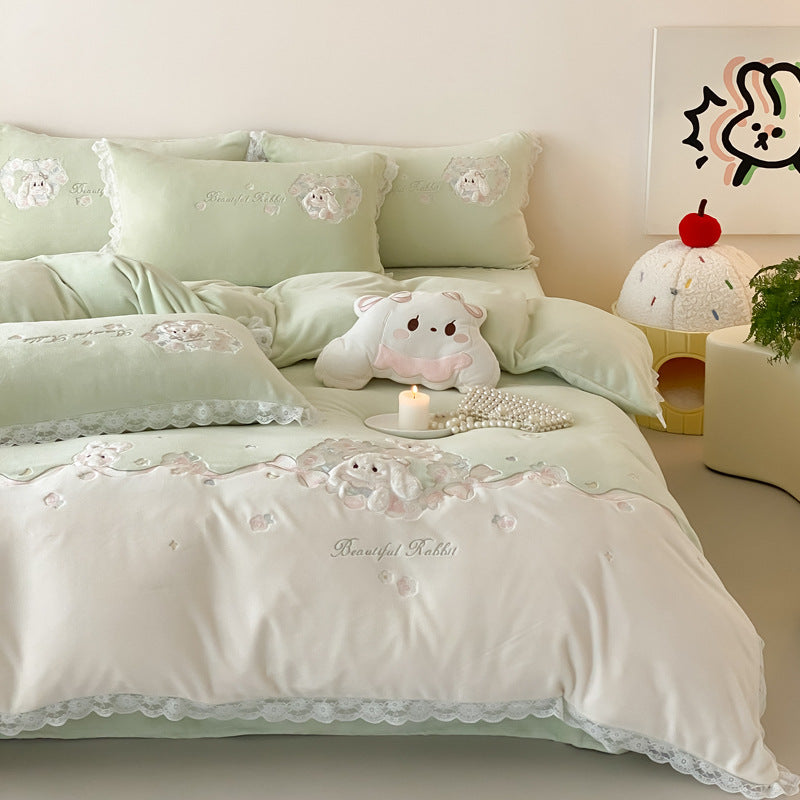 Embroidered Plush Duvet Cover Set with Lace-Trim and Decorative Pillow Shams