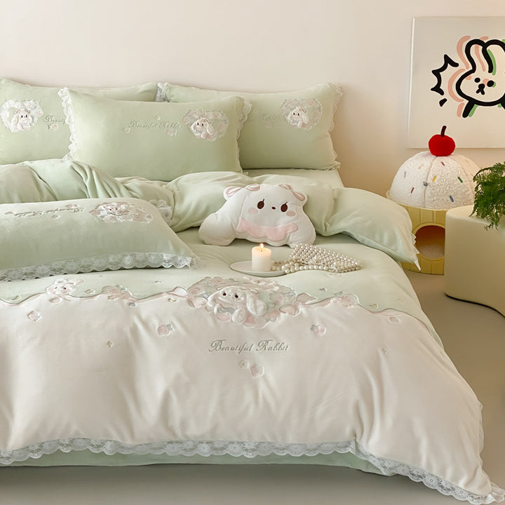 Embroidered Plush Duvet Cover Set with Lace-Trim and Decorative Pillow Shams