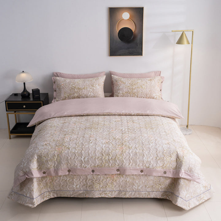 Quilted bedspread and bedding set with floral print, reversible function and decorative button placket